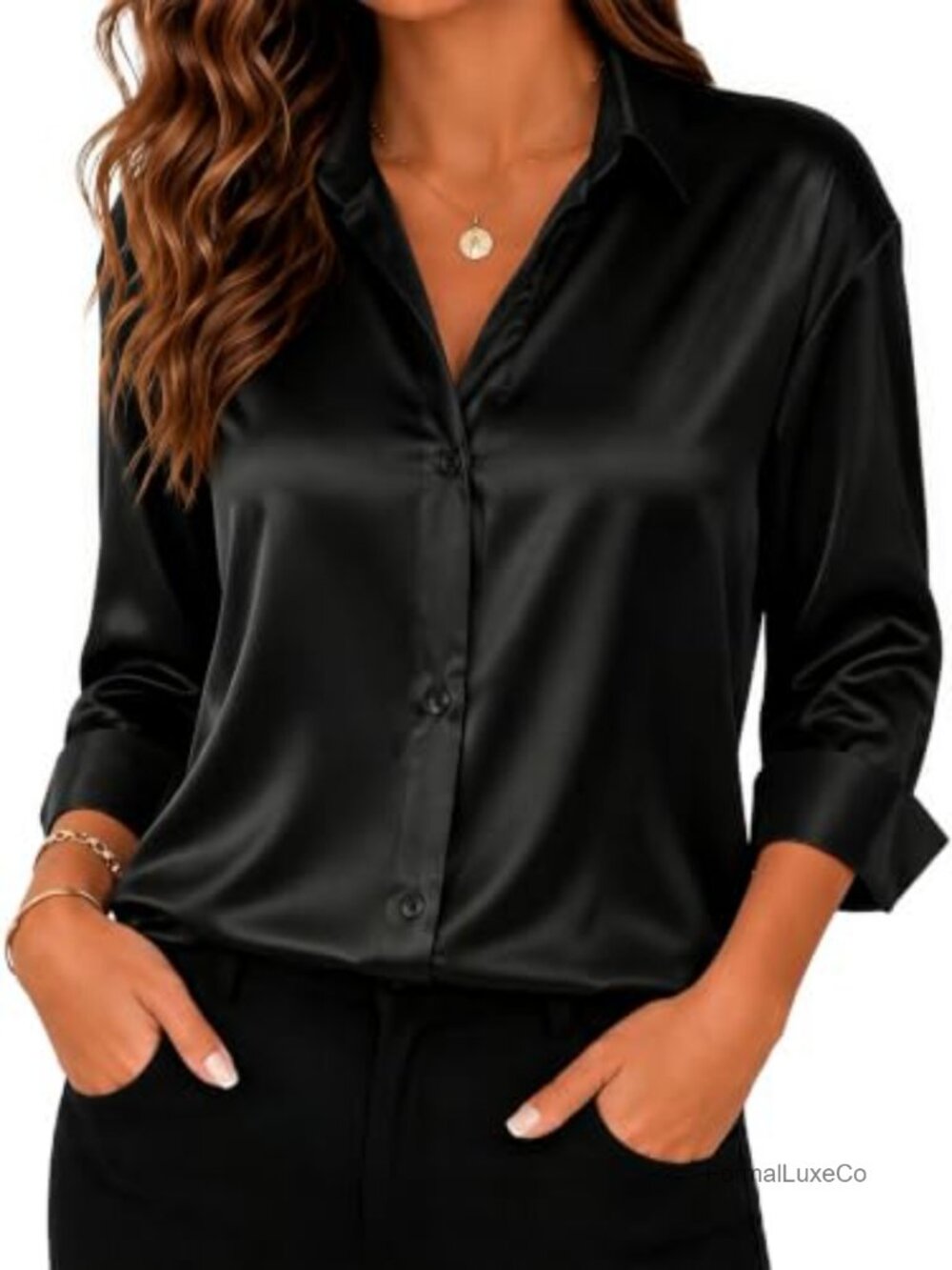Satin Silk Button Down Shirt Long Sleeve V Neck Loose Blouse Business Casual
